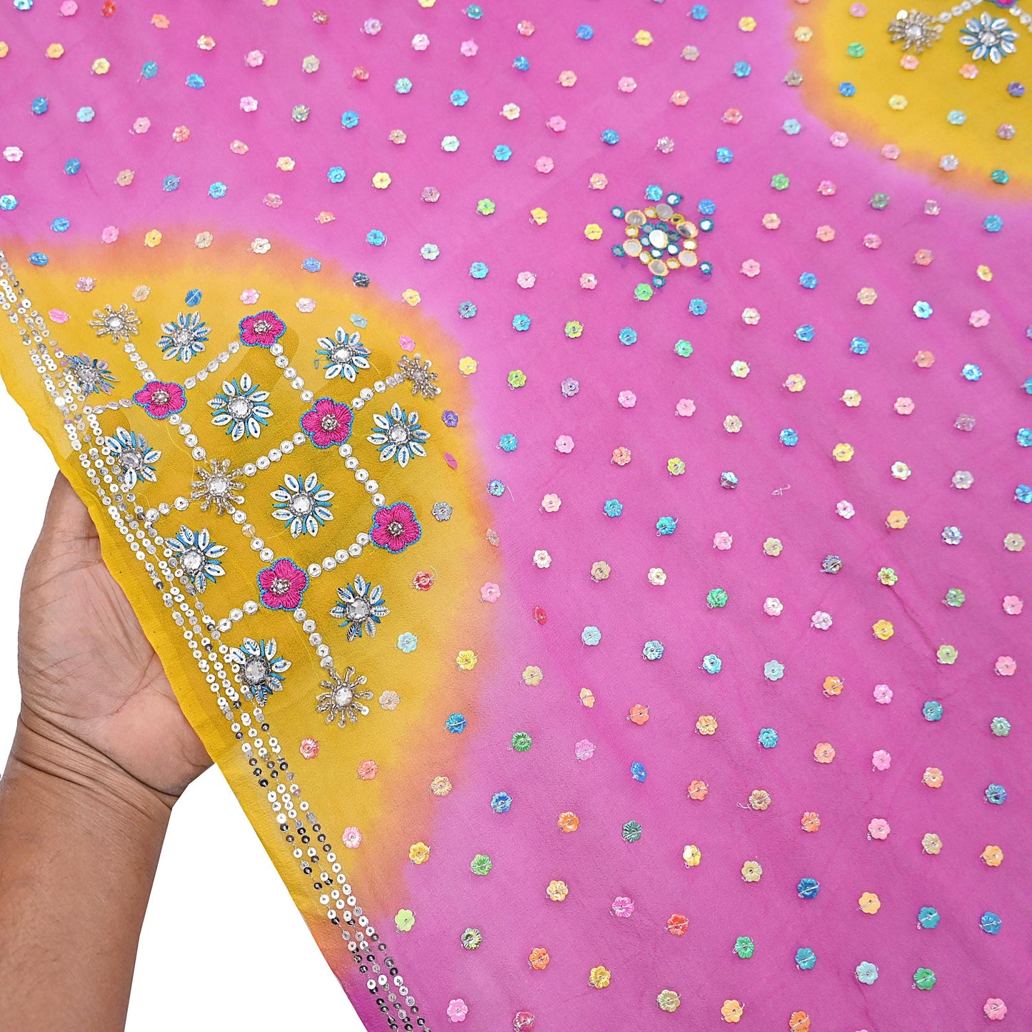 Indian Vintage Yellow & Pink Dupatta Pure Georgette silk Long Stole Hand Embroidered Scarves Stole Veil Wrap Sequins