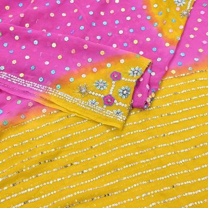 Indian Vintage Yellow & Pink Dupatta Pure Georgette silk Long Stole Hand Embroidered Scarves Stole Veil Wrap Sequins