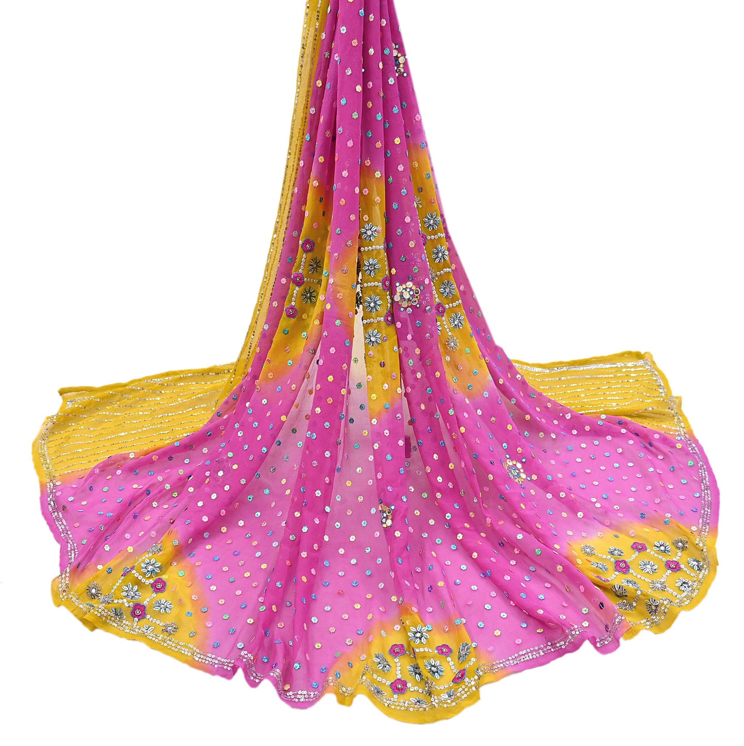 Indian Vintage Yellow & Pink Dupatta Pure Georgette silk Long Stole Hand Embroidered Scarves Stole Veil Wrap Sequins