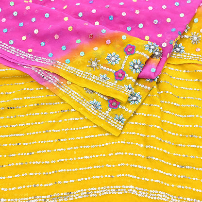 Indian Vintage Yellow & Pink Dupatta Pure Georgette silk Long Stole Hand Embroidered Scarves Stole Veil Wrap Sequins