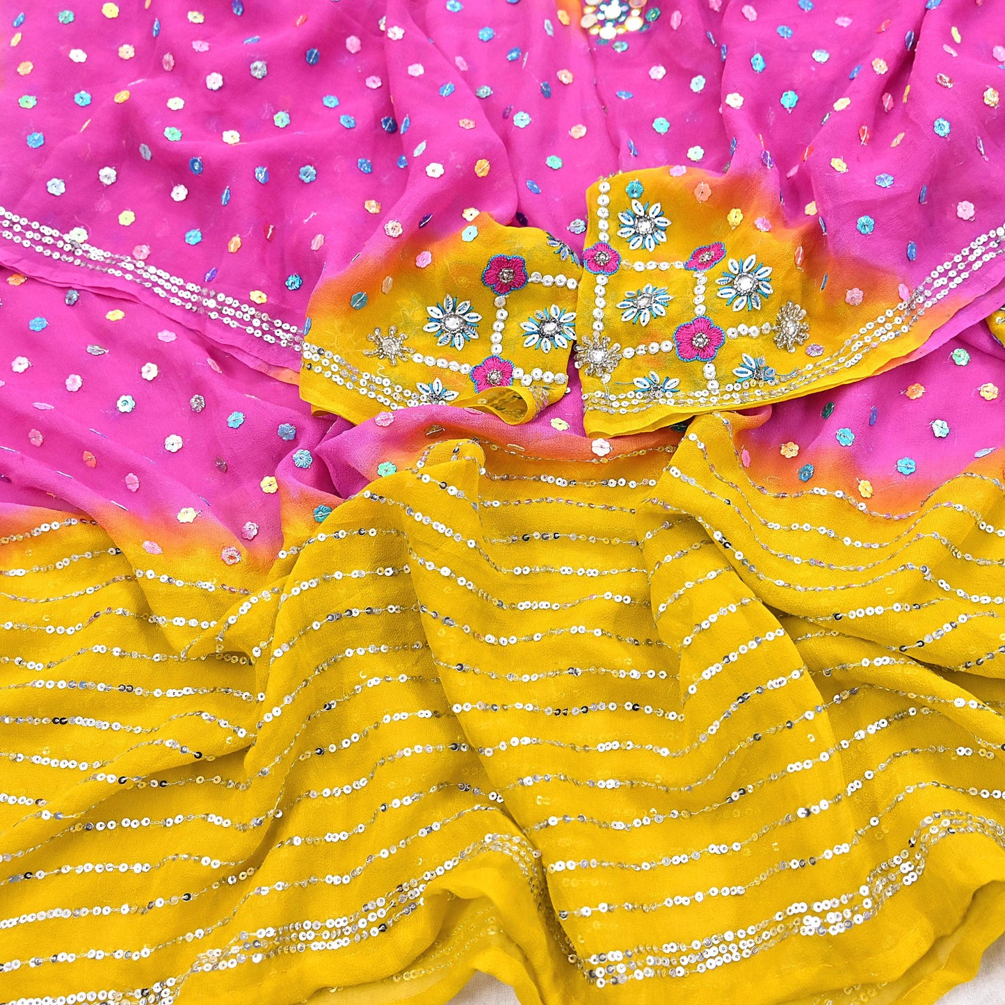 Indian Vintage Yellow & Pink Dupatta Pure Georgette silk Long Stole Hand Embroidered Scarves Stole Veil Wrap Sequins