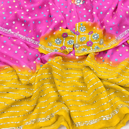 Indian Vintage Yellow & Pink Dupatta Pure Georgette silk Long Stole Hand Embroidered Scarves Stole Veil Wrap Sequins