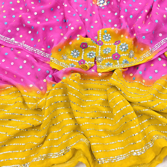 Indian Vintage Yellow & Pink Dupatta Pure Georgette silk Long Stole Hand Embroidered Scarves Stole Veil Wrap Sequins