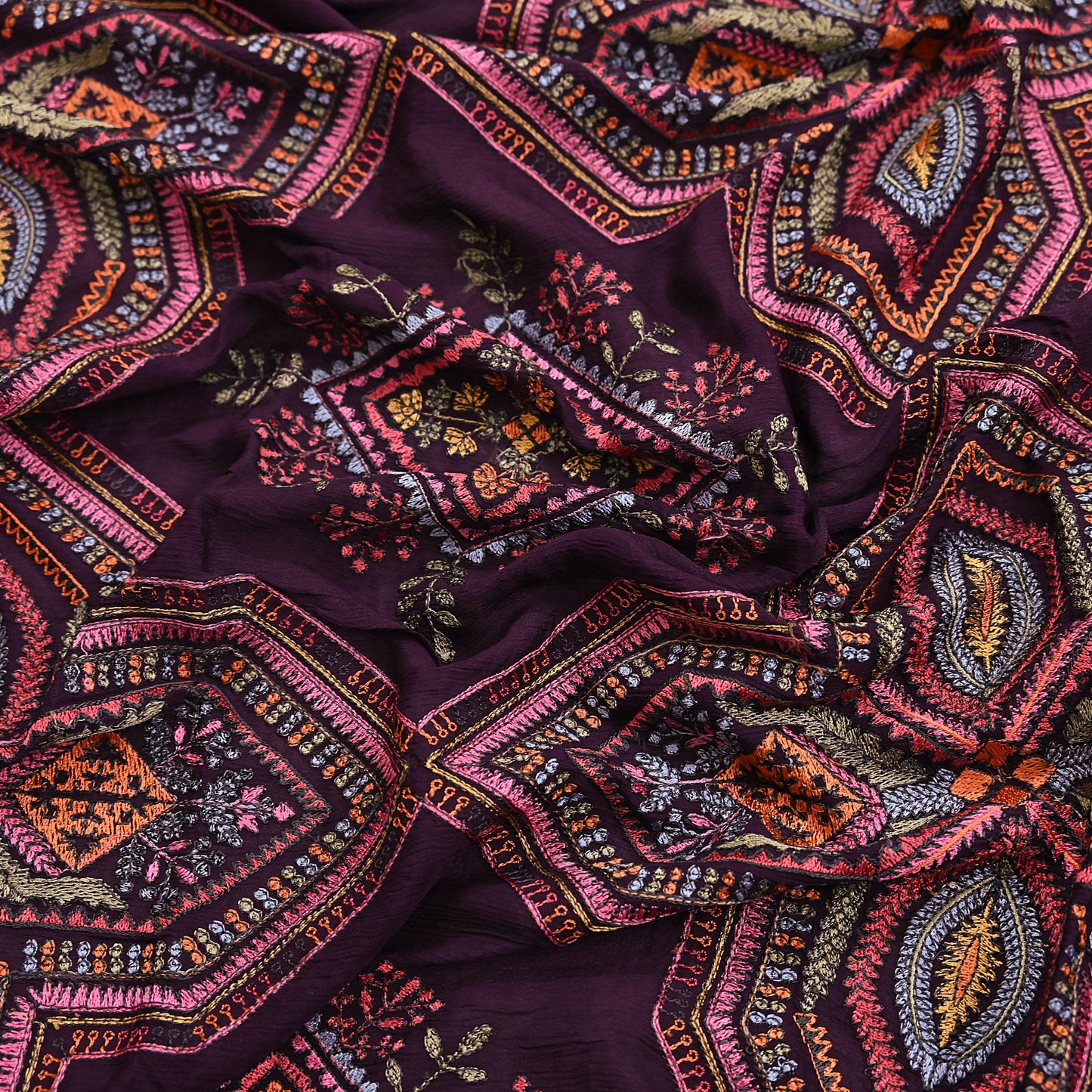 Indian Vintage Dark Maroon Dupatta Long Stole Blend silk Embroidered Scarves Veil Scarf Wrap Hippie Boho Soft Floral