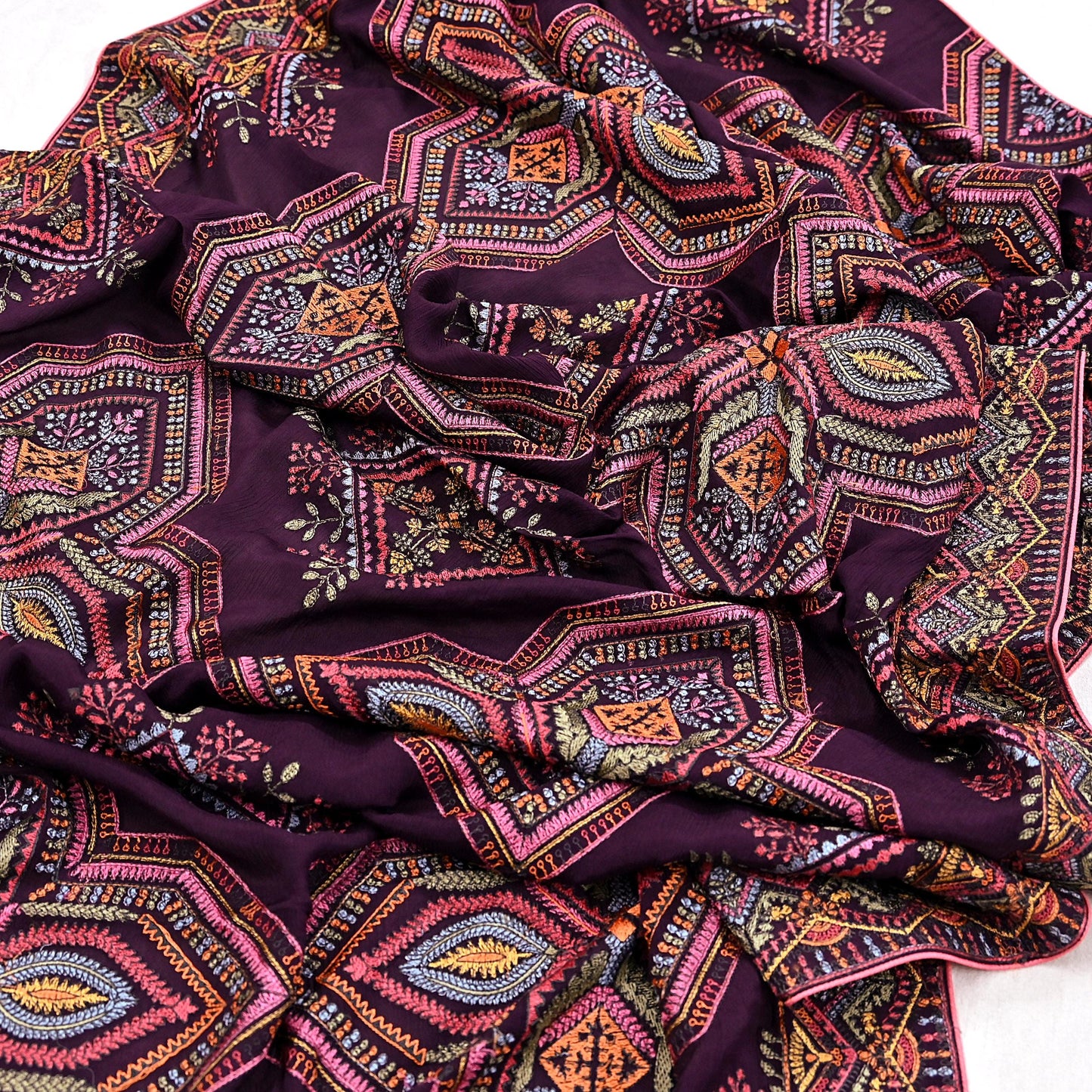 Indian Vintage Dark Maroon Dupatta Long Stole Blend silk Embroidered Scarves Veil Scarf Wrap Hippie Boho Soft Floral