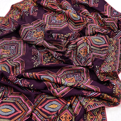 Indian Vintage Dark Maroon Dupatta Long Stole Blend silk Embroidered Scarves Veil Scarf Wrap Hippie Boho Soft Floral