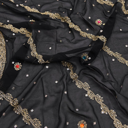 Indian Vintage Heavy Bridal Black Dupatta Pure Georgette Silk Long Stole Hand Embroidered Scarf Zardozi/Dabka Wedding red Hijab veil