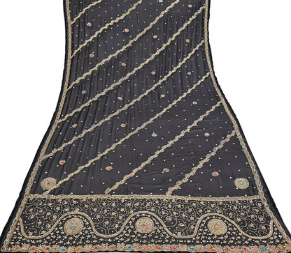 Indian Vintage Heavy Bridal Black Dupatta Pure Georgette Silk Long Stole Hand Embroidered Scarf Zardozi/Dabka Wedding red Hijab veil