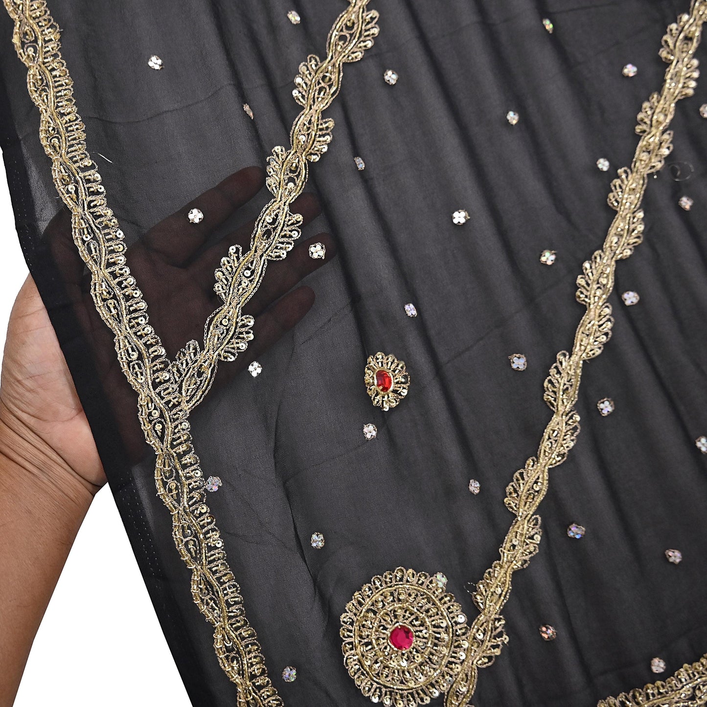 Indian Vintage Heavy Bridal Black Dupatta Pure Georgette Silk Long Stole Hand Embroidered Scarf Zardozi/Dabka Wedding red Hijab veil