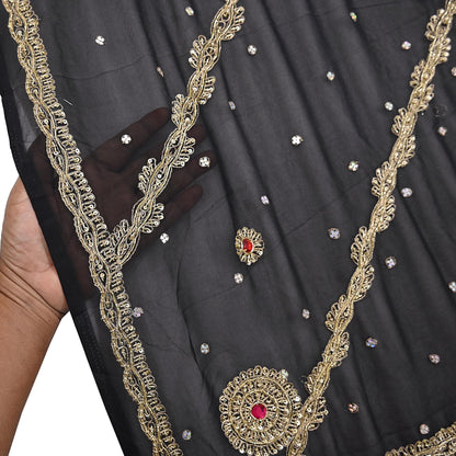 Indian Vintage Heavy Bridal Black Dupatta Pure Georgette Silk Long Stole Hand Embroidered Scarf Zardozi/Dabka Wedding red Hijab veil