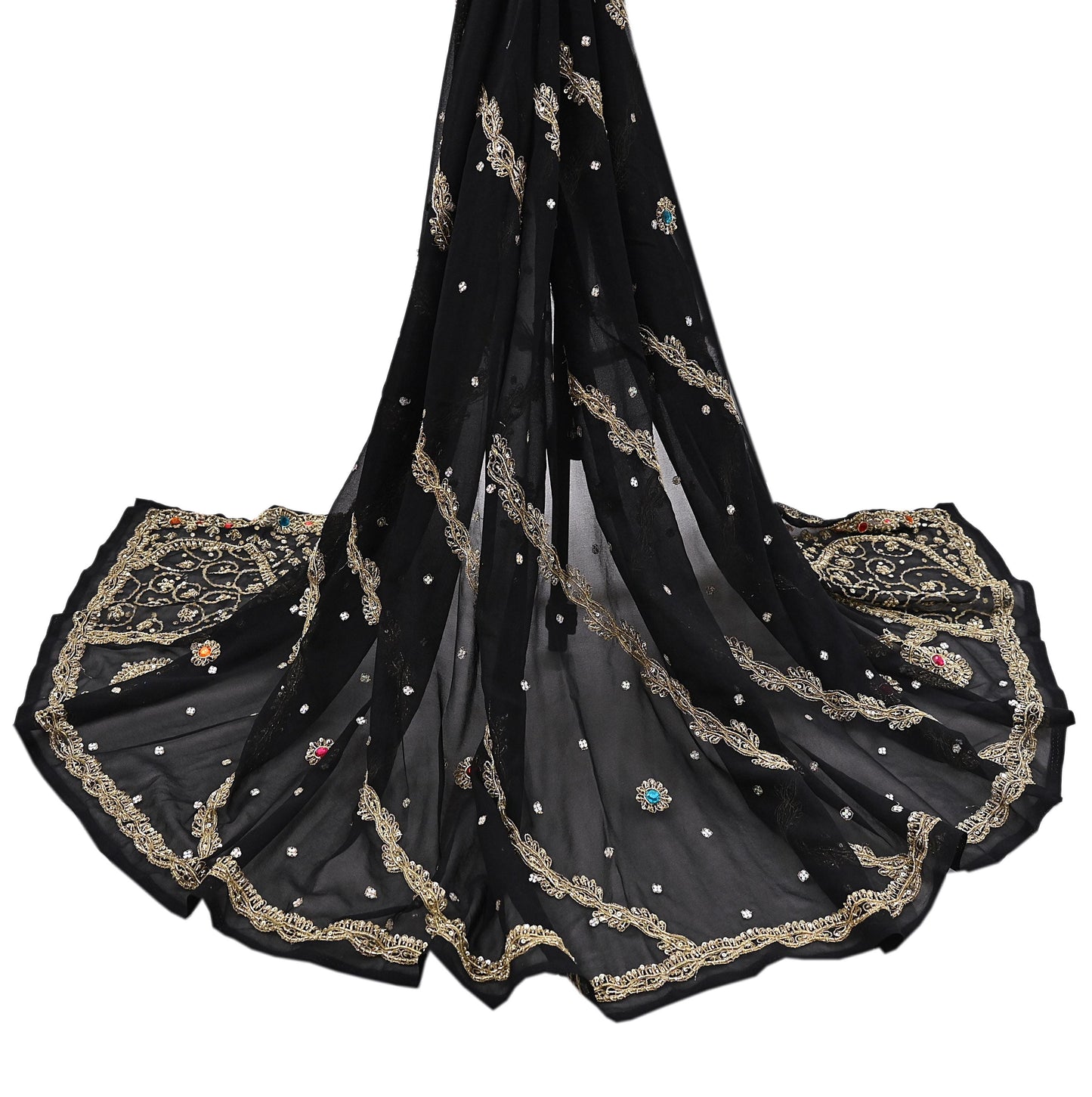 Indian Vintage Heavy Bridal Black Dupatta Pure Georgette Silk Long Stole Hand Embroidered Scarf Zardozi/Dabka Wedding red Hijab veil