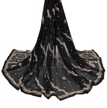 Indian Vintage Heavy Bridal Black Dupatta Pure Georgette Silk Long Stole Hand Embroidered Scarf Zardozi/Dabka Wedding red Hijab veil