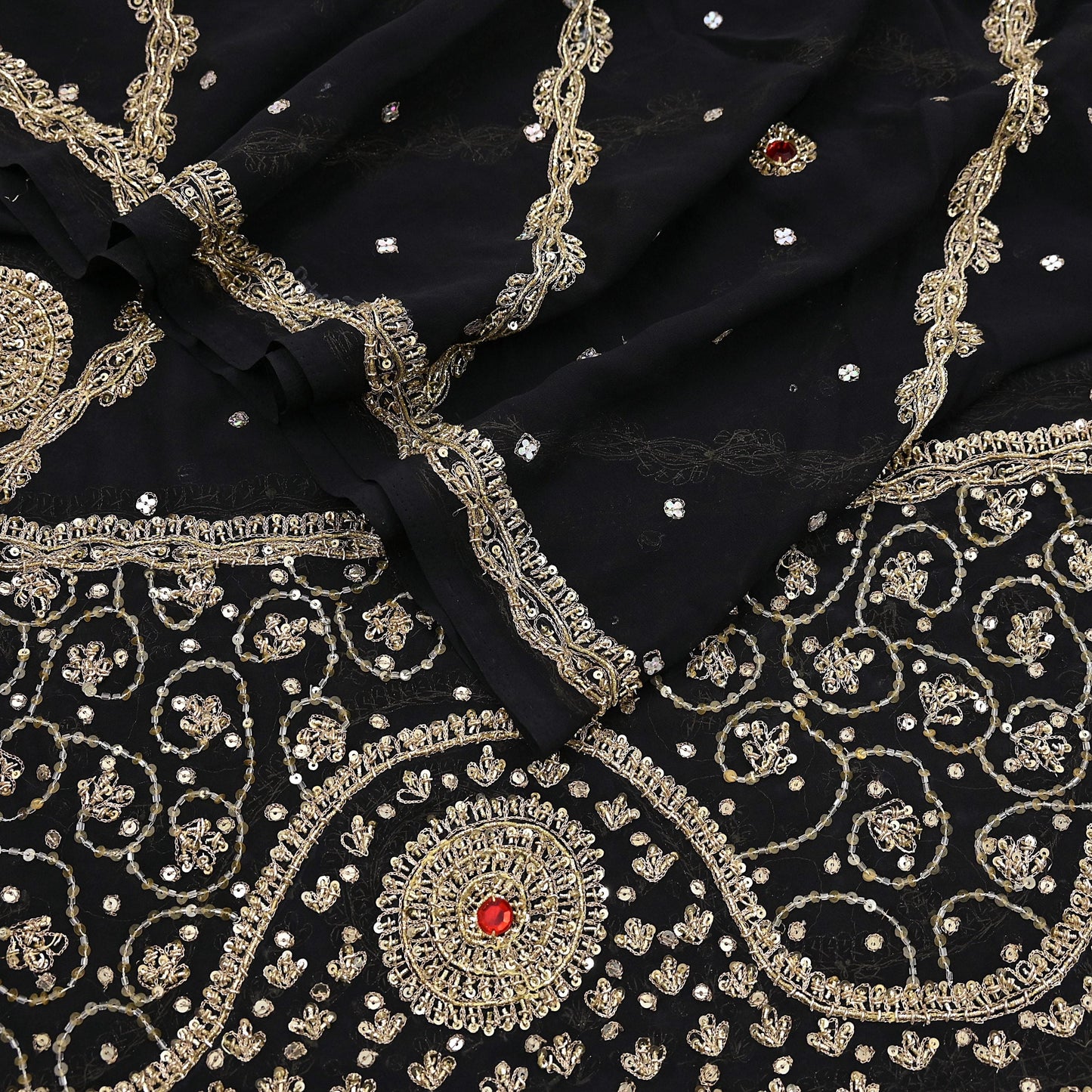 Indian Vintage Heavy Bridal Black Dupatta Pure Georgette Silk Long Stole Hand Embroidered Scarf Zardozi/Dabka Wedding red Hijab veil