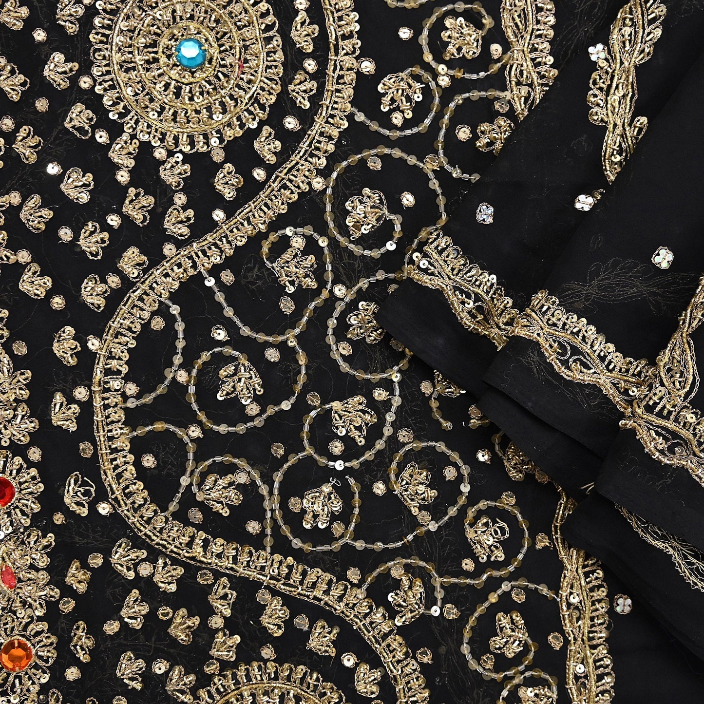 Indian Vintage Heavy Bridal Black Dupatta Pure Georgette Silk Long Stole Hand Embroidered Scarf Zardozi/Dabka Wedding red Hijab veil
