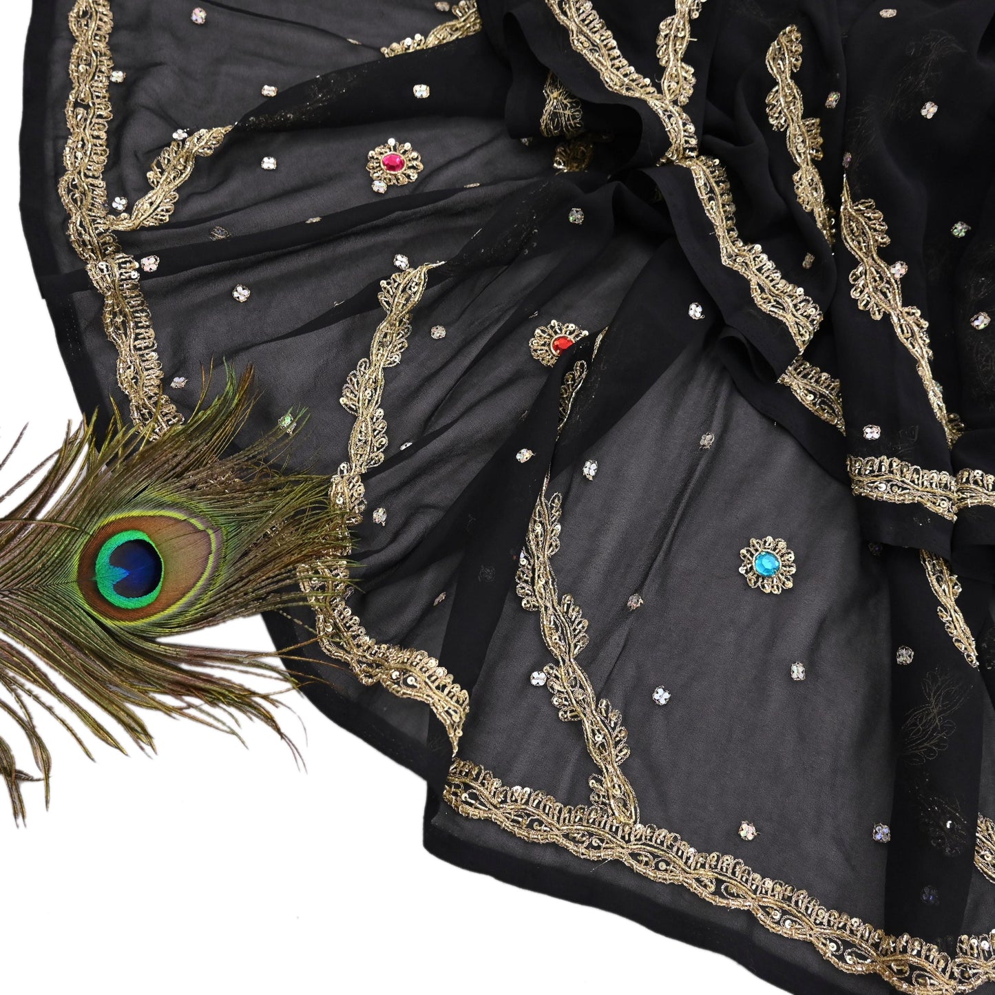 Indian Vintage Heavy Bridal Black Dupatta Pure Georgette Silk Long Stole Hand Embroidered Scarf Zardozi/Dabka Wedding red Hijab veil