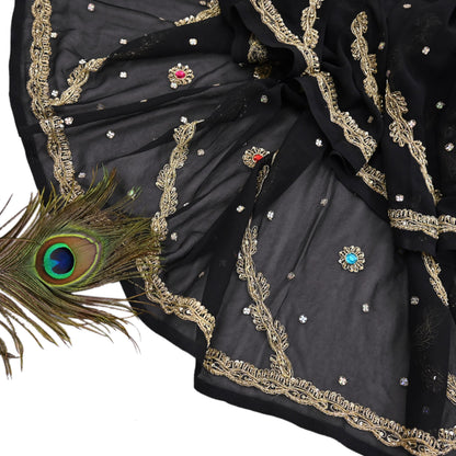 Indian Vintage Heavy Bridal Black Dupatta Pure Georgette Silk Long Stole Hand Embroidered Scarf Zardozi/Dabka Wedding red Hijab veil