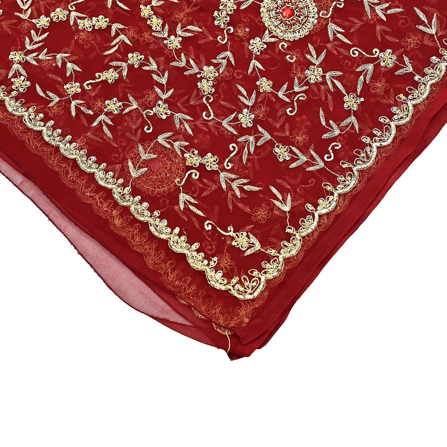 Indian Vintage Heavy Bridal Tomato Red Dupatta Pure Georgette Silk Long Stole Hand Embroidered Scarf Zardozi/Dabka Wedding red Hijab veil