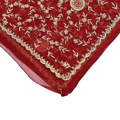 Indian Vintage Heavy Bridal Tomato Red Dupatta Pure Georgette Silk Long Stole Hand Embroidered Scarf Zardozi/Dabka Wedding red Hijab veil