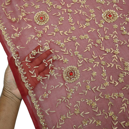 Indian Vintage Heavy Bridal Tomato Red Dupatta Pure Georgette Silk Long Stole Hand Embroidered Scarf Zardozi/Dabka Wedding red Hijab veil