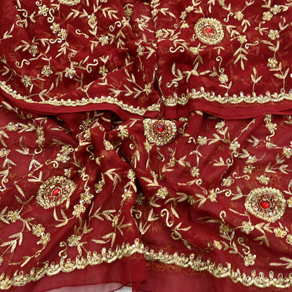 Indian Vintage Heavy Bridal Tomato Red Dupatta Pure Georgette Silk Long Stole Hand Embroidered Scarf Zardozi/Dabka Wedding red Hijab veil
