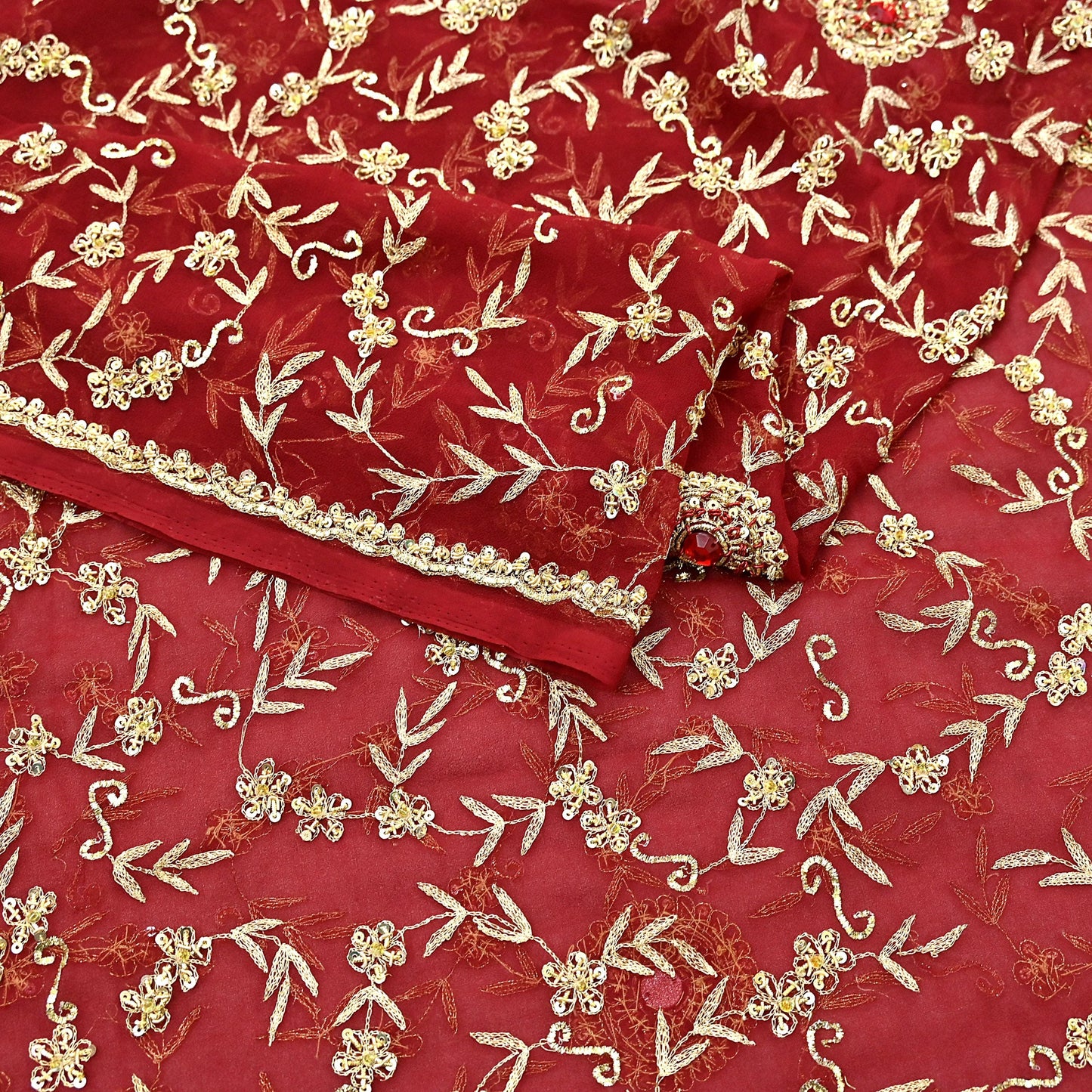 Indian Vintage Heavy Bridal Tomato Red Dupatta Pure Georgette Silk Long Stole Hand Embroidered Scarf Zardozi/Dabka Wedding red Hijab veil