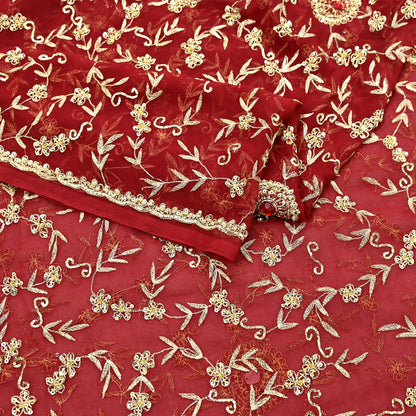 Indian Vintage Heavy Bridal Tomato Red Dupatta Pure Georgette Silk Long Stole Hand Embroidered Scarf Zardozi/Dabka Wedding red Hijab veil