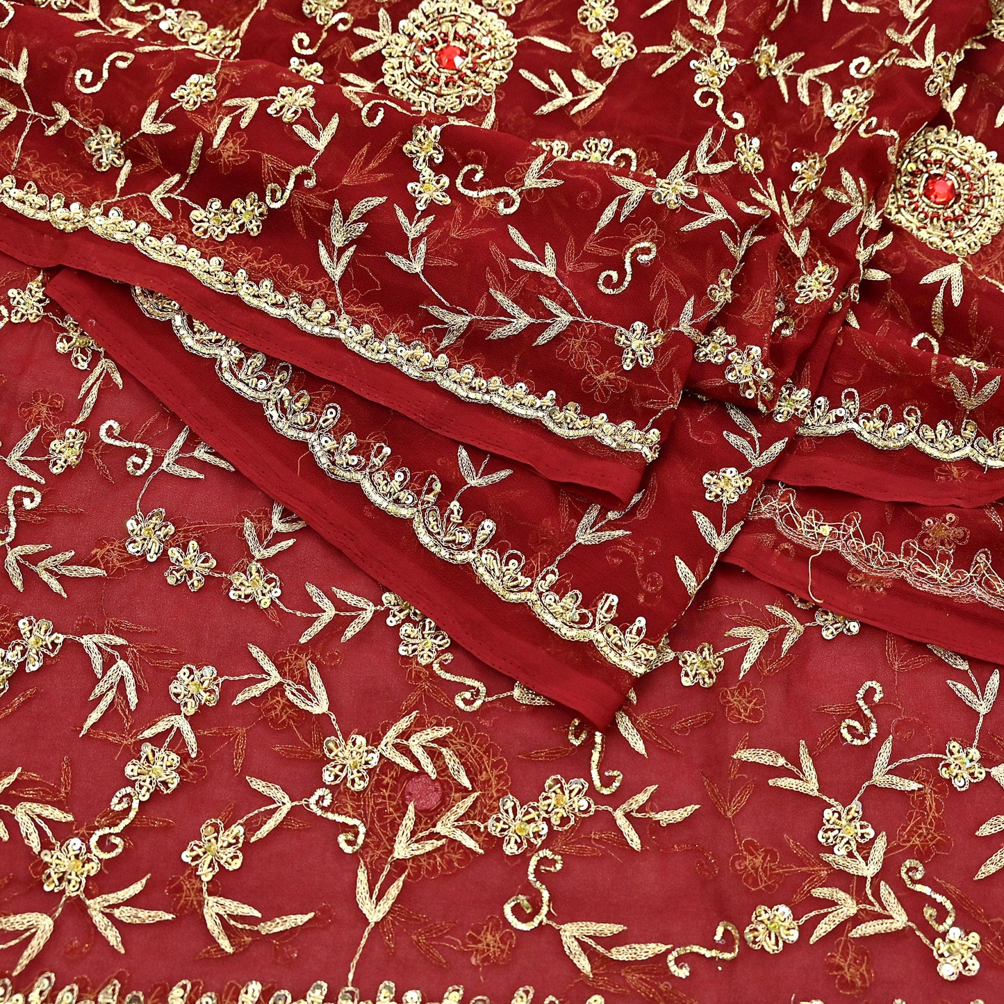 Indian Vintage Heavy Bridal Tomato Red Dupatta Pure Georgette Silk Long Stole Hand Embroidered Scarf Zardozi/Dabka Wedding red Hijab veil