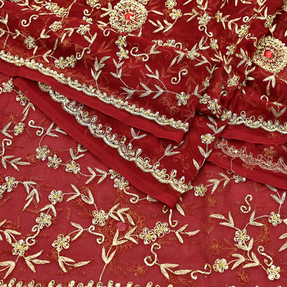 Indian Vintage Heavy Bridal Tomato Red Dupatta Pure Georgette Silk Long Stole Hand Embroidered Scarf Zardozi/Dabka Wedding red Hijab veil