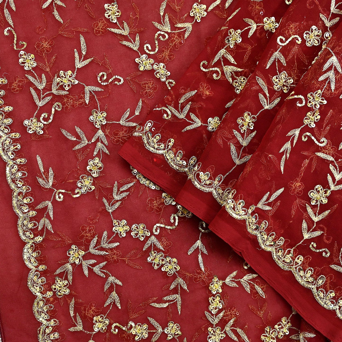 Indian Vintage Heavy Bridal Tomato Red Dupatta Pure Georgette Silk Long Stole Hand Embroidered Scarf Zardozi/Dabka Wedding red Hijab veil