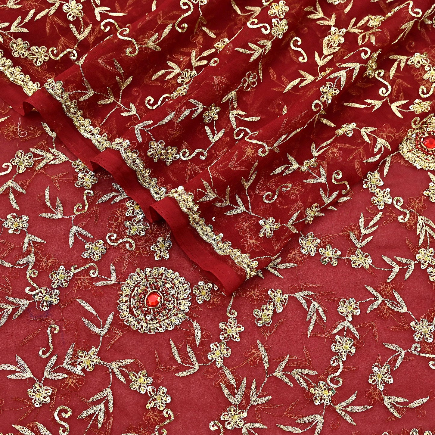 Indian Vintage Heavy Bridal Tomato Red Dupatta Pure Georgette Silk Long Stole Hand Embroidered Scarf Zardozi/Dabka Wedding red Hijab veil