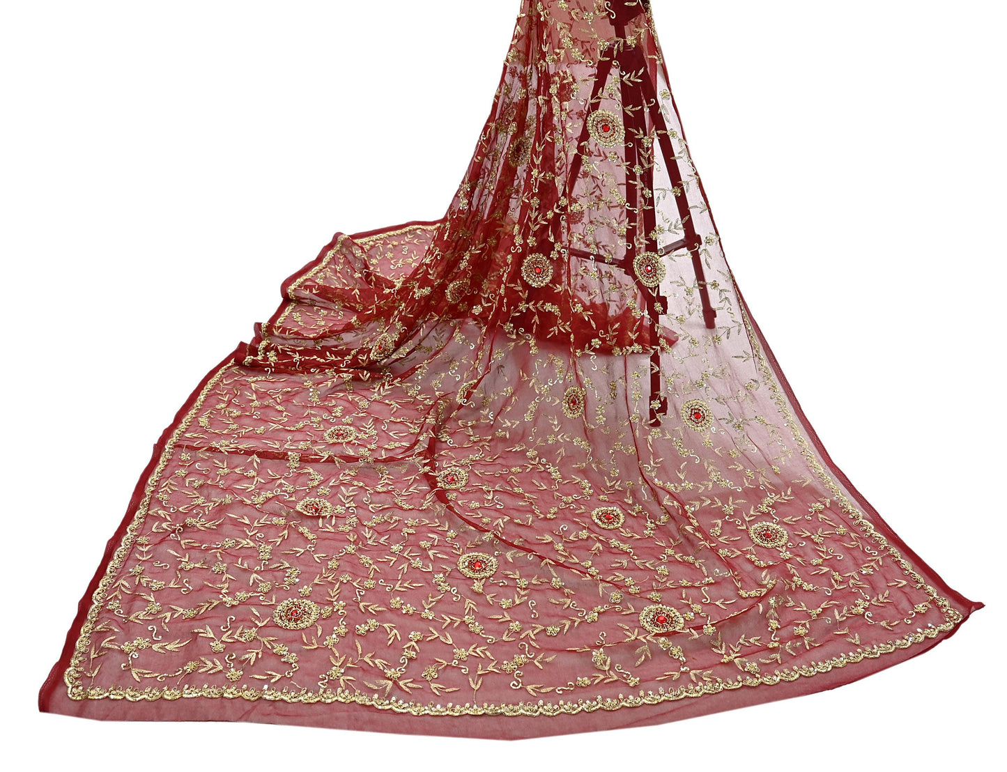 Indian Vintage Heavy Bridal Tomato Red Dupatta Pure Georgette Silk Long Stole Hand Embroidered Scarf Zardozi/Dabka Wedding red Hijab veil