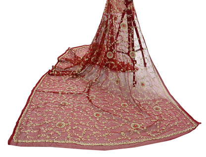 Indian Vintage Heavy Bridal Tomato Red Dupatta Pure Georgette Silk Long Stole Hand Embroidered Scarf Zardozi/Dabka Wedding red Hijab veil