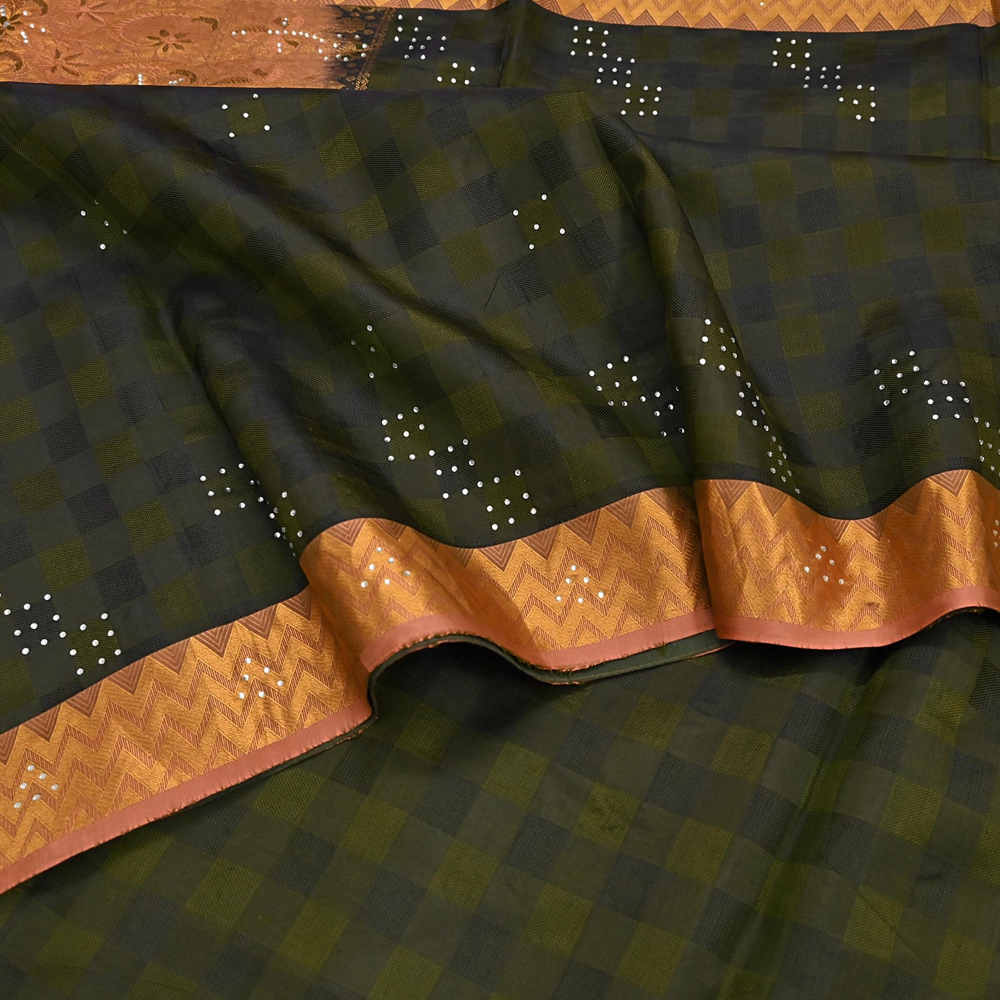 Vintage Kanjivaram Silk Saree Peach & Green Pure Silk Zari Fabric Indian Handwoven 5Yd Craft Material Dressmaking Textile