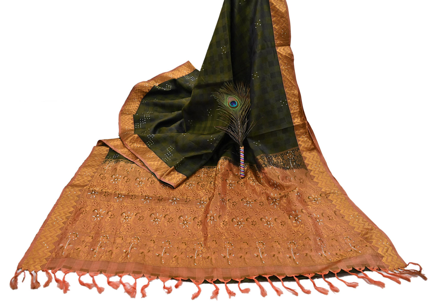 Vintage Kanjivaram Silk Saree Peach & Green Pure Silk Zari Fabric Indian Handwoven 5Yd Craft Material Dressmaking Textile