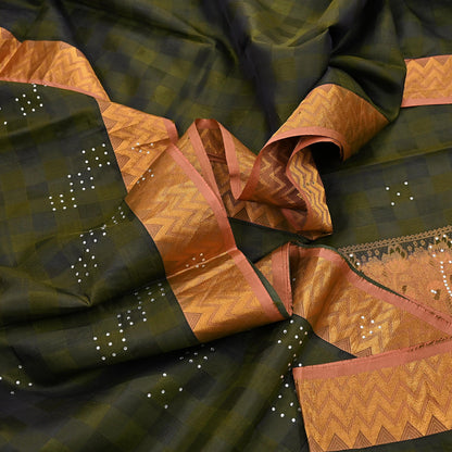 Vintage Kanjivaram Silk Saree Peach & Green Pure Silk Zari Fabric Indian Handwoven 5Yd Craft Material Dressmaking Textile