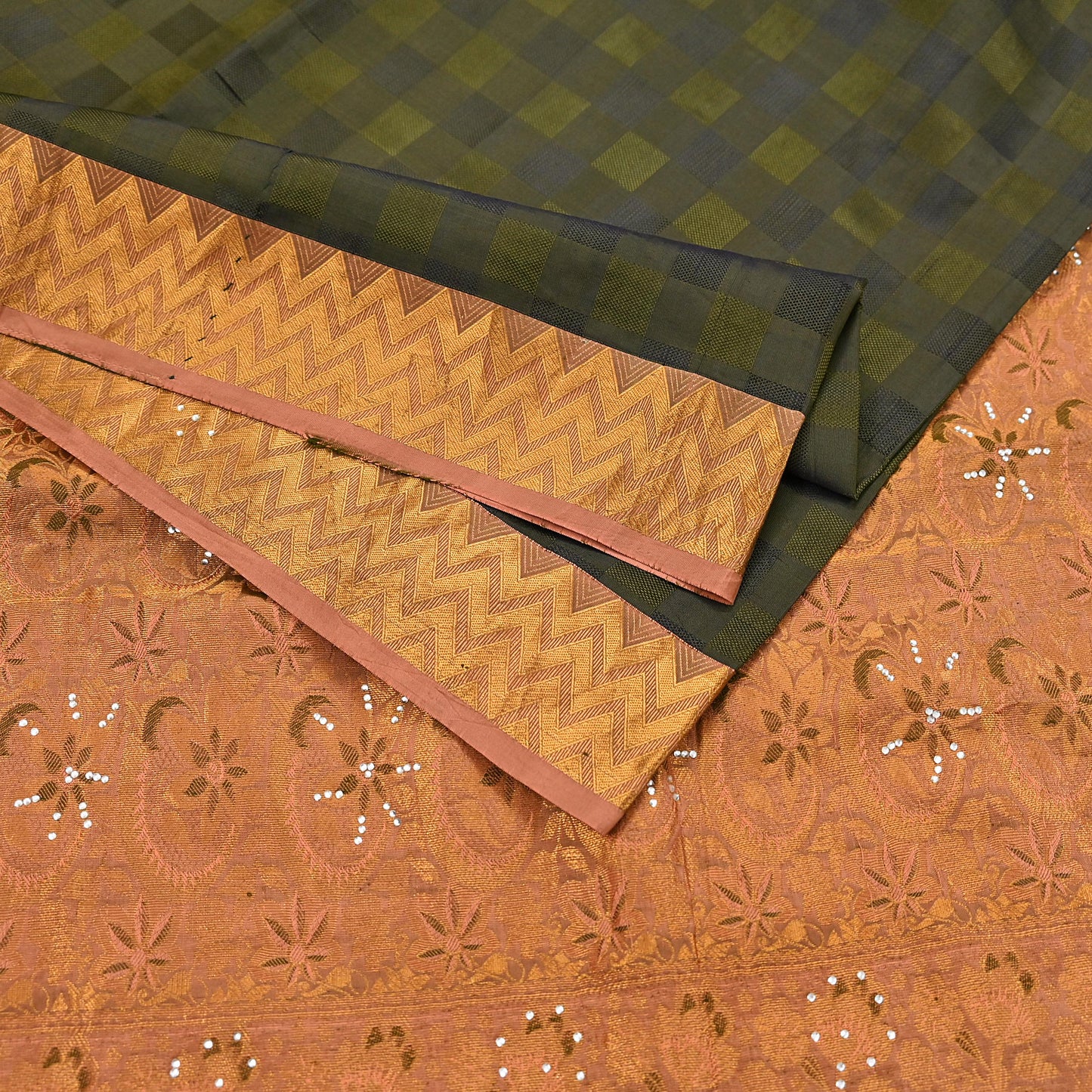Vintage Kanjivaram Silk Saree Peach & Green Pure Silk Zari Fabric Indian Handwoven 5Yd Craft Material Dressmaking Textile