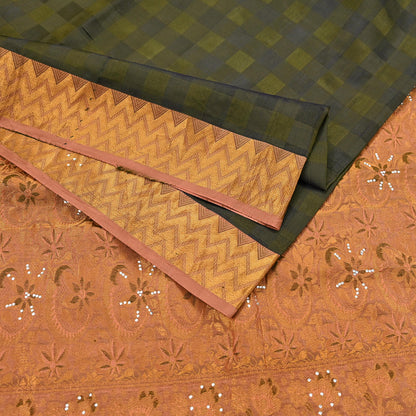 Vintage Kanjivaram Silk Saree Peach & Green Pure Silk Zari Fabric Indian Handwoven 5Yd Craft Material Dressmaking Textile