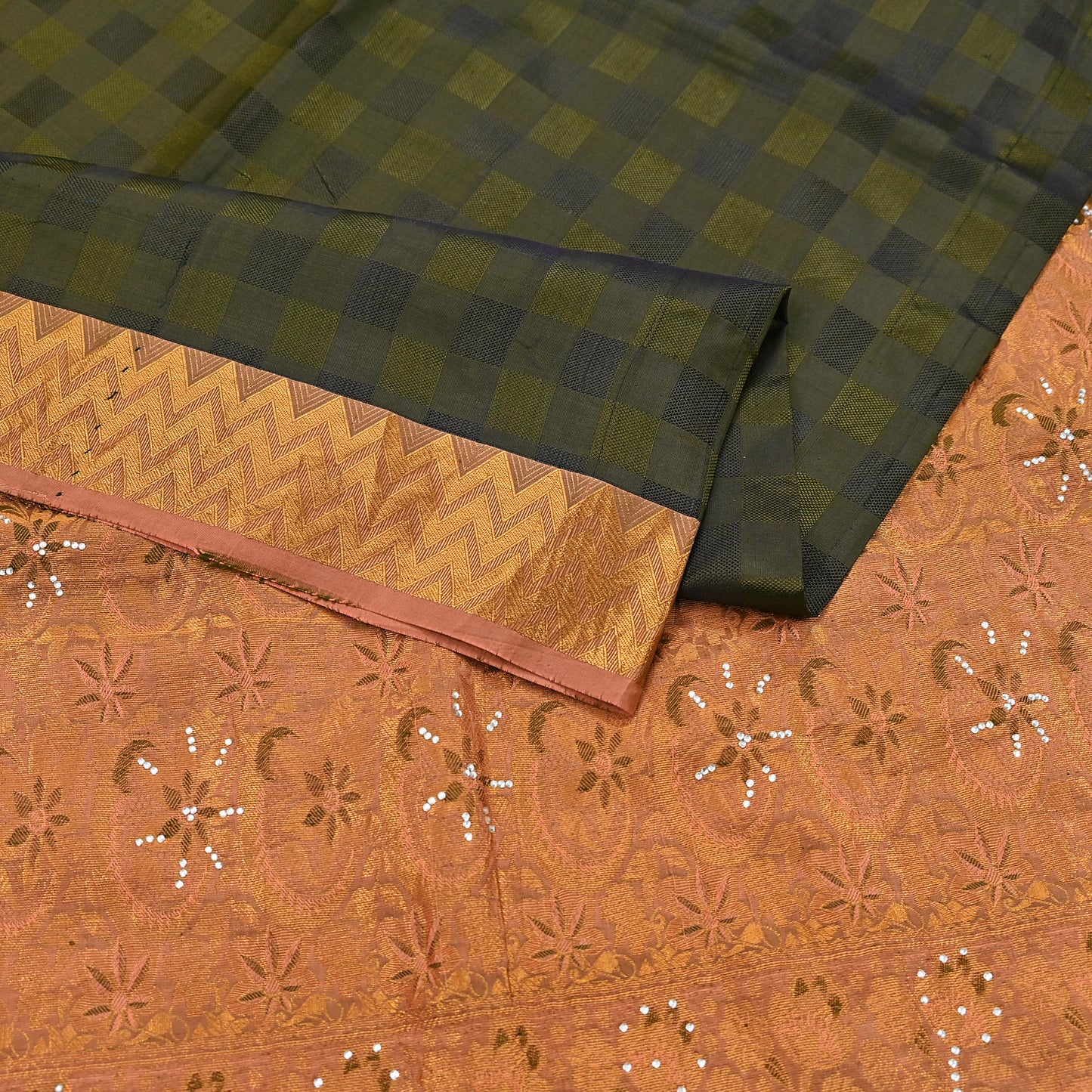Vintage Kanjivaram Silk Saree Peach & Green Pure Silk Zari Fabric Indian Handwoven 5Yd Craft Material Dressmaking Textile
