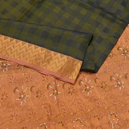 Vintage Kanjivaram Silk Saree Peach & Green Pure Silk Zari Fabric Indian Handwoven 5Yd Craft Material Dressmaking Textile
