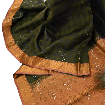 Vintage Kanjivaram Silk Saree Peach & Green Pure Silk Zari Fabric Indian Handwoven 5Yd Craft Material Dressmaking Textile