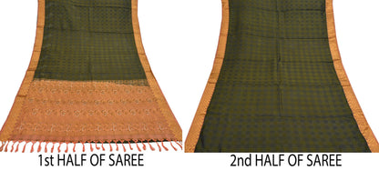 Vintage Kanjivaram Silk Saree Peach & Green Pure Silk Zari Fabric Indian Handwoven 5Yd Craft Material Dressmaking Textile