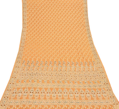 Indian Vintage Heavy Saffron Saree Georgette Hand Embroidered Sari Craft Fabric 6Yd Sewing Soft Ethnic Zari Dress Making wedding Sari