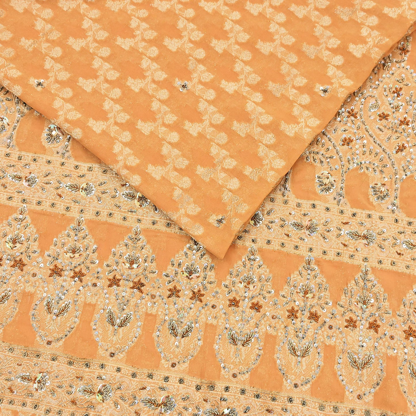 Indian Vintage Heavy Saffron Saree Georgette Hand Embroidered Sari Craft Fabric 6Yd Sewing Soft Ethnic Zari Dress Making wedding Sari