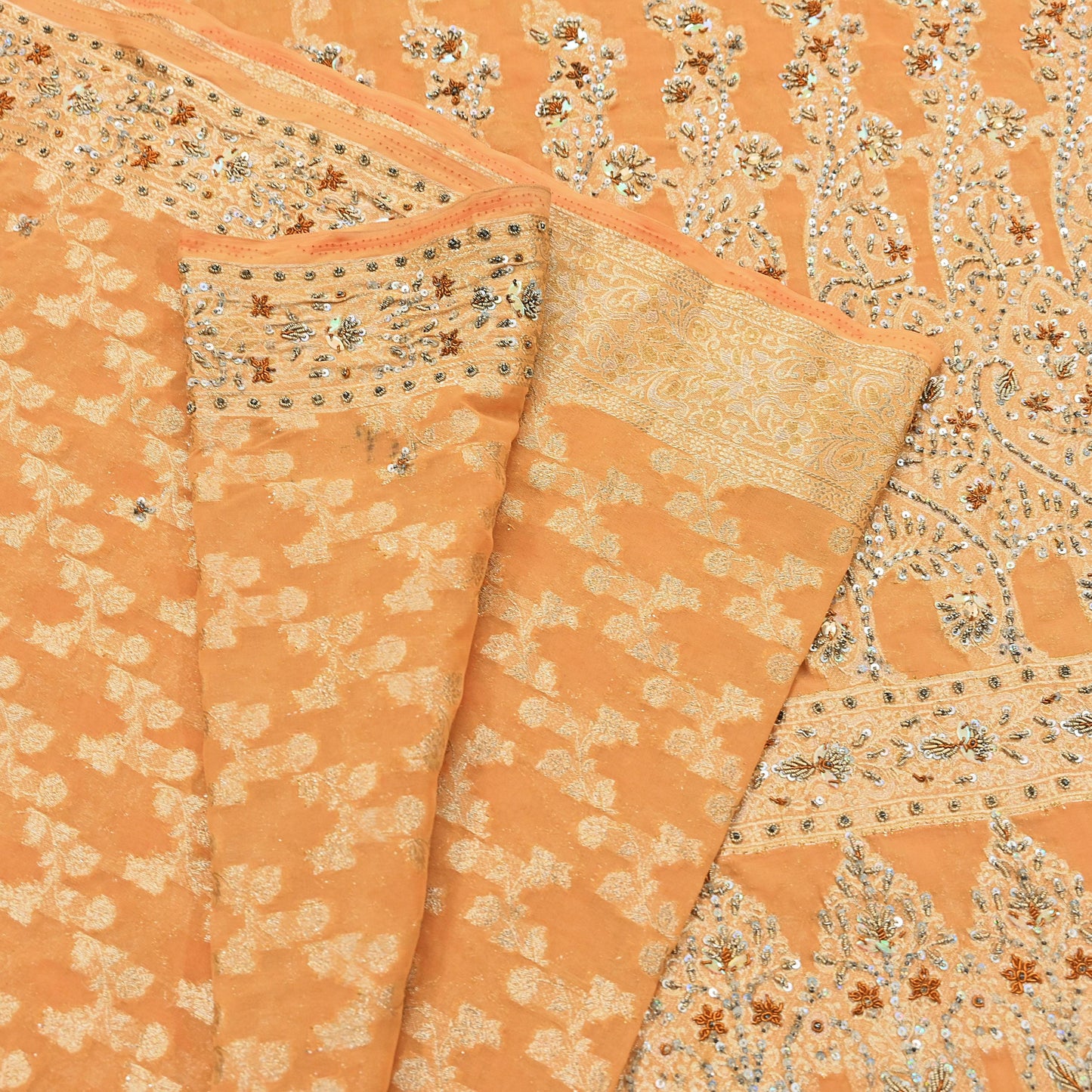 Indian Vintage Heavy Saffron Saree Georgette Hand Embroidered Sari Craft Fabric 6Yd Sewing Soft Ethnic Zari Dress Making wedding Sari
