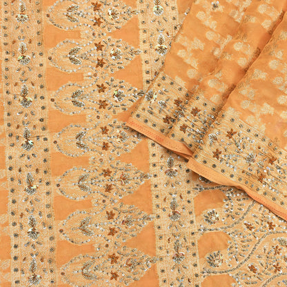 Indian Vintage Heavy Saffron Saree Georgette Hand Embroidered Sari Craft Fabric 6Yd Sewing Soft Ethnic Zari Dress Making wedding Sari