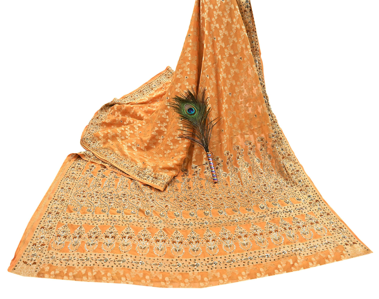 Indian Vintage Heavy Saffron Saree Georgette Hand Embroidered Sari Craft Fabric 6Yd Sewing Soft Ethnic Zari Dress Making wedding Sari