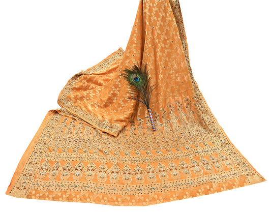 Indian Vintage Heavy Saffron Saree Georgette Hand Embroidered Sari Craft Fabric 6Yd Sewing Soft Ethnic Zari Dress Making wedding Sari