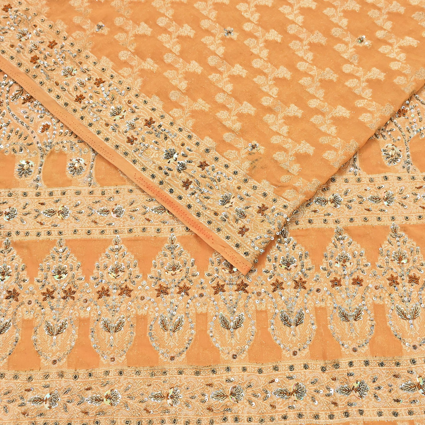 Indian Vintage Heavy Saffron Saree Georgette Hand Embroidered Sari Craft Fabric 6Yd Sewing Soft Ethnic Zari Dress Making wedding Sari