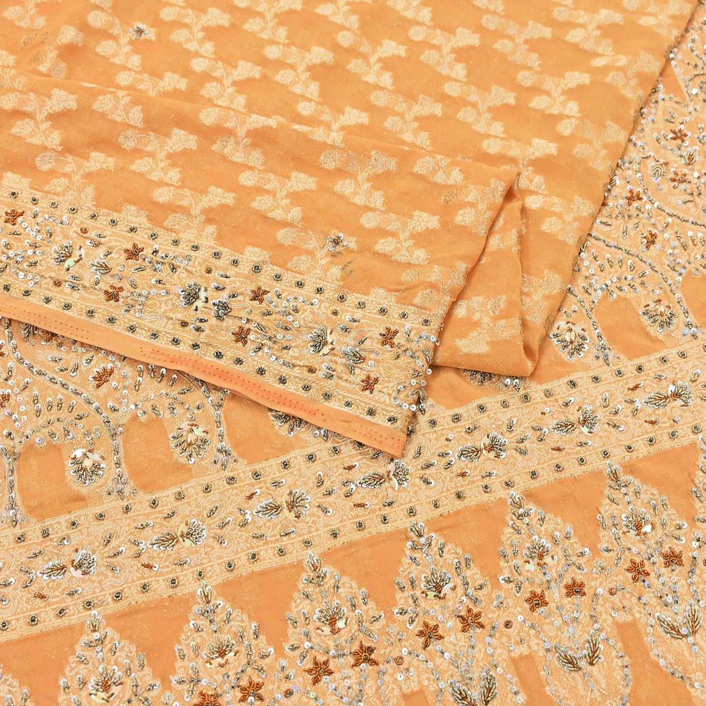 Indian Vintage Heavy Saffron Saree Georgette Hand Embroidered Sari Craft Fabric 6Yd Sewing Soft Ethnic Zari Dress Making wedding Sari