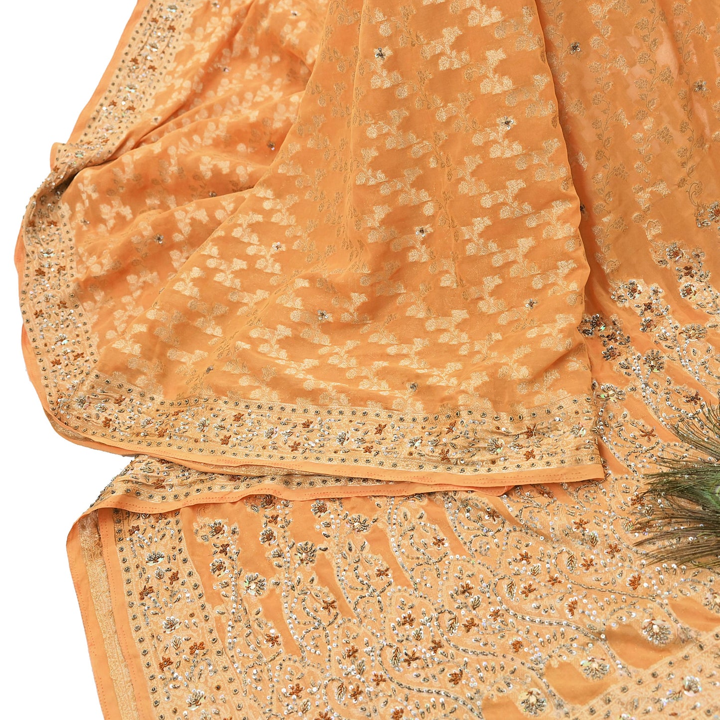 Indian Vintage Heavy Saffron Saree Georgette Hand Embroidered Sari Craft Fabric 6Yd Sewing Soft Ethnic Zari Dress Making wedding Sari
